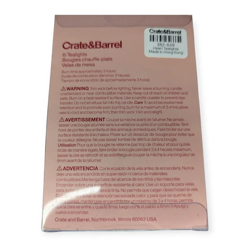 Crate & Barrel Heart-Shaped Tealight Candles Set of 6 NIB 382-649
